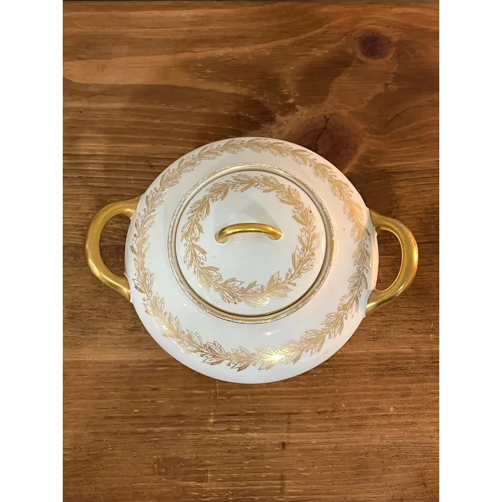 Vtg Limoges France G.D.&Cie Avenir Sugar Bowl French Country Gold Trim Porcelain